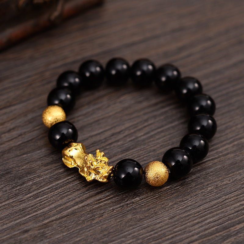 Faux Obsidian Pixiu Bracelet - Prosperity Gold Pixiu Bracelet