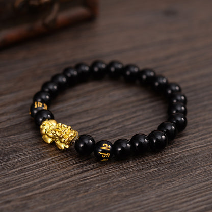 Faux Obsidian Pixiu Bracelet - Prosperity Gold Pixiu Bracelet